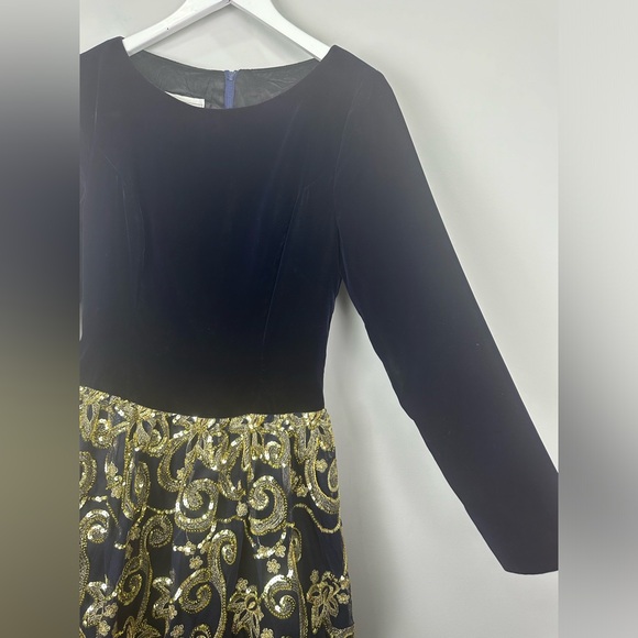 Jessica McClintock Navy Velvet Gold Sequins Long Sleeve Vintage Dress Size 4 - Picture 6 of 11